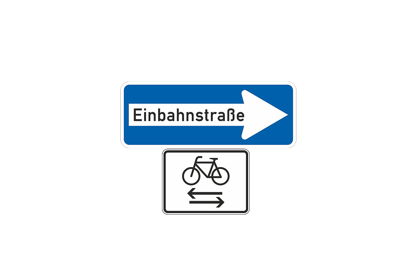 Verkehrsschilder Zeichen 220 – Einbahnstraße mit entsprechenden Zusatzzeichen für Radverkehr